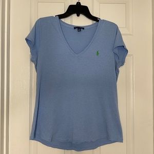 RALPH LAUREN T-Shirt Womens Large Light Blue V-Neck Logo Top L